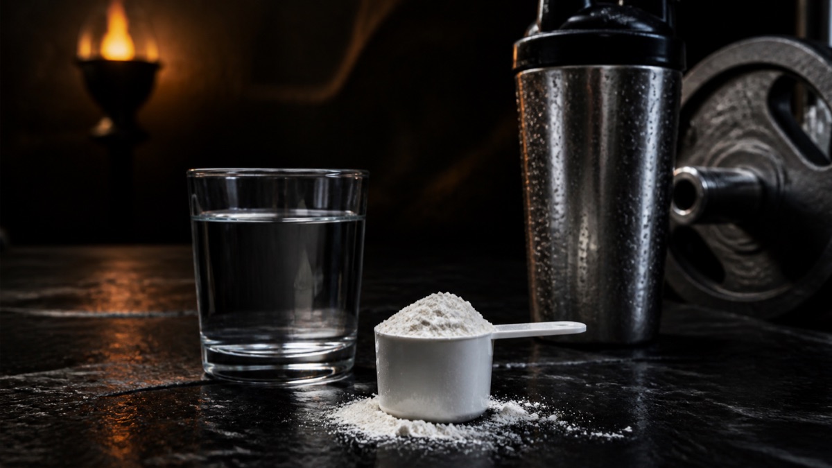 Creatina monohidrato con shaker y material de fuerza — Viking Fitness