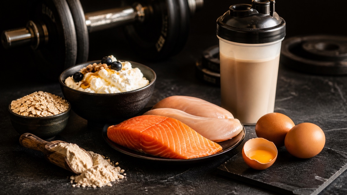 Salmón, huevos, skyr y shaker como fuentes de proteína — Viking Fitness