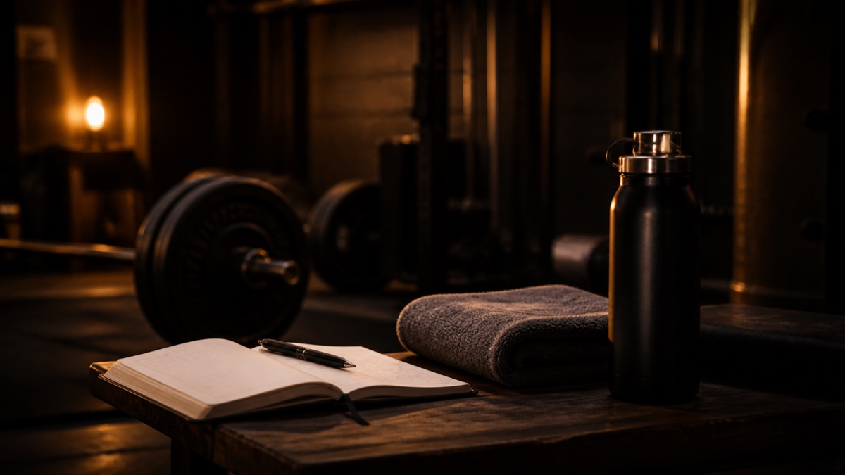 Libreta, toalla y botella tras un entrenamiento de fuerza — Viking Fitness