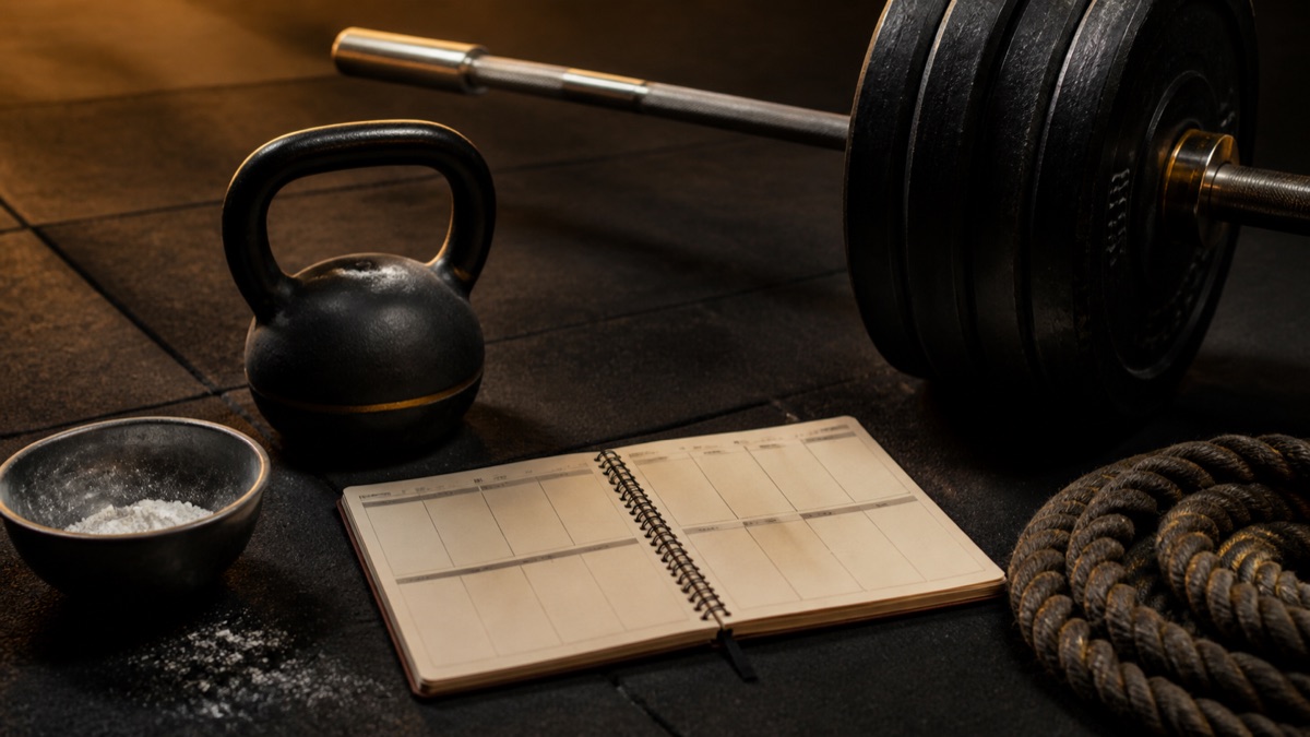 Barra, kettlebell, cuerda y libreta para programar fuerza e hipertrofia — Viking Fitness