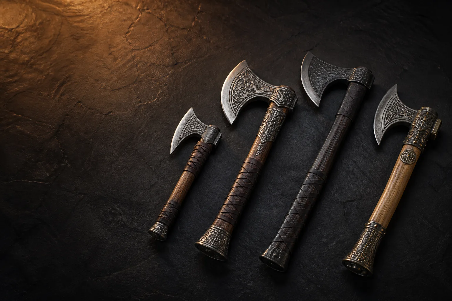Varios modelos de hacha vikinga decorativa sobre piedra oscura